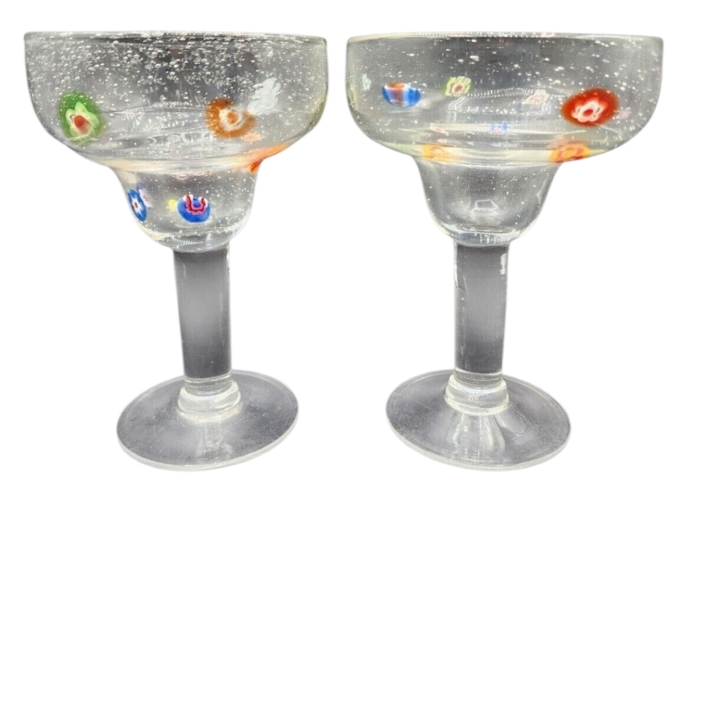 Zazz Millefiori‎ Margarita Glasses Crate & Barrel Hand-blown Bubble Lot of 2 EUC